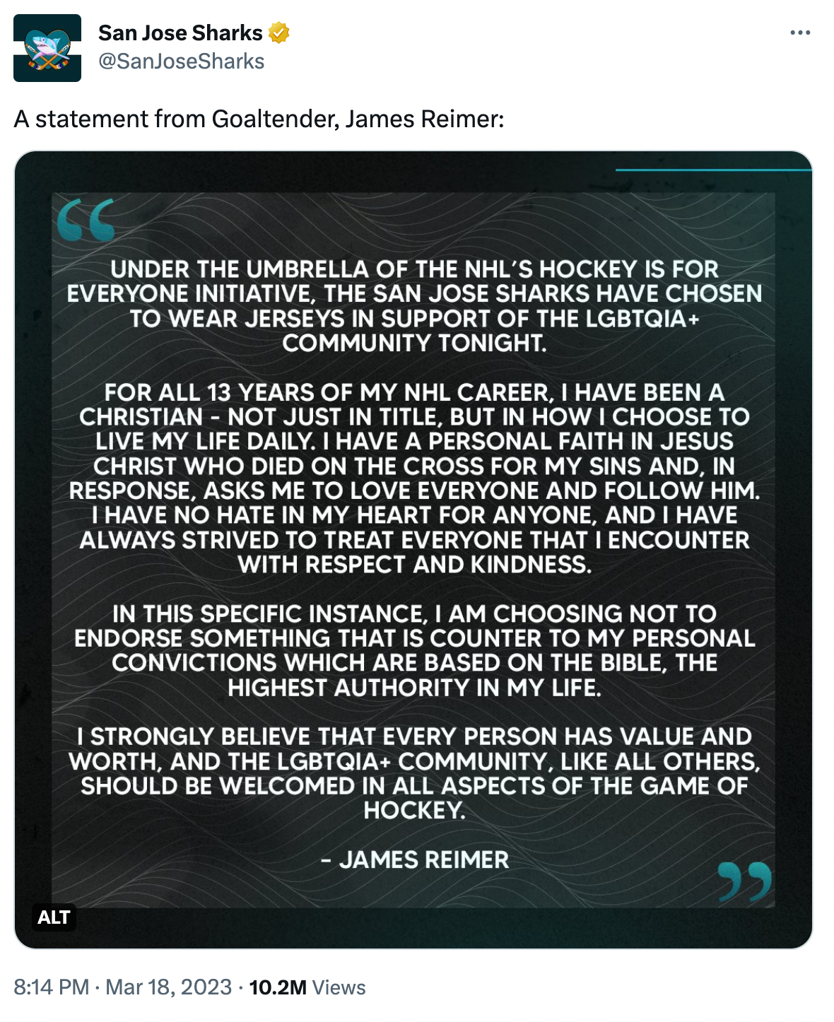 Sharks goalie James Reimer declines to wear Pride jersey