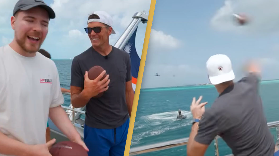 Tom Brady drills MrBeast's drone with football on $300M yacht