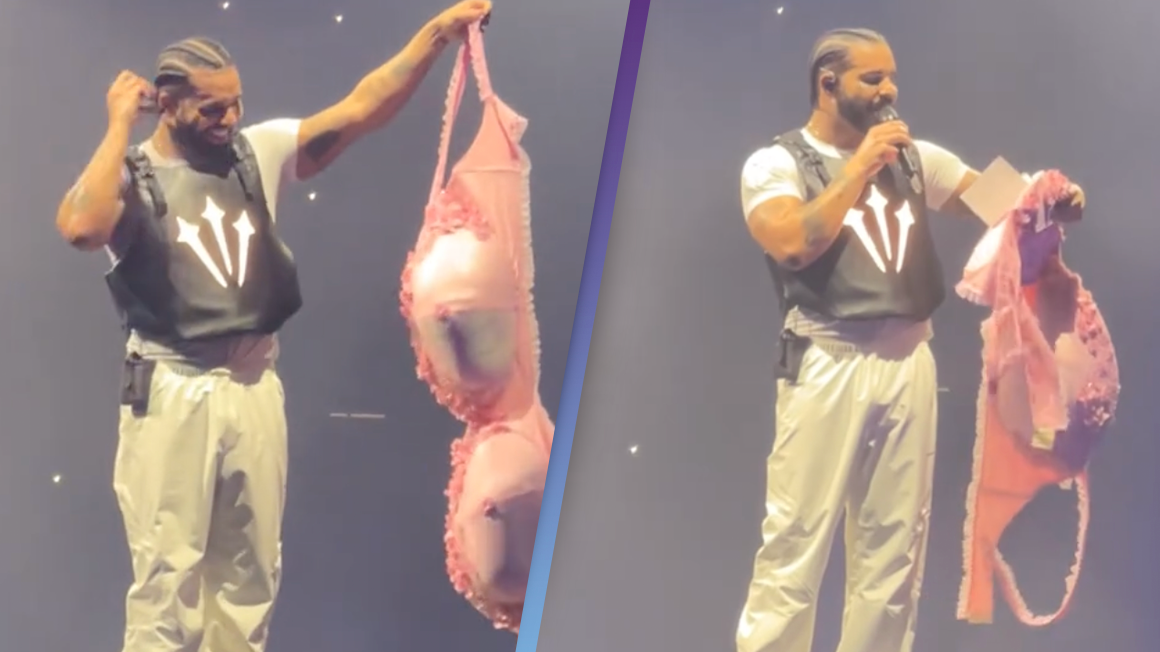 Drake shows off his bizarre massive collection of bras that were thrown at  him on tour