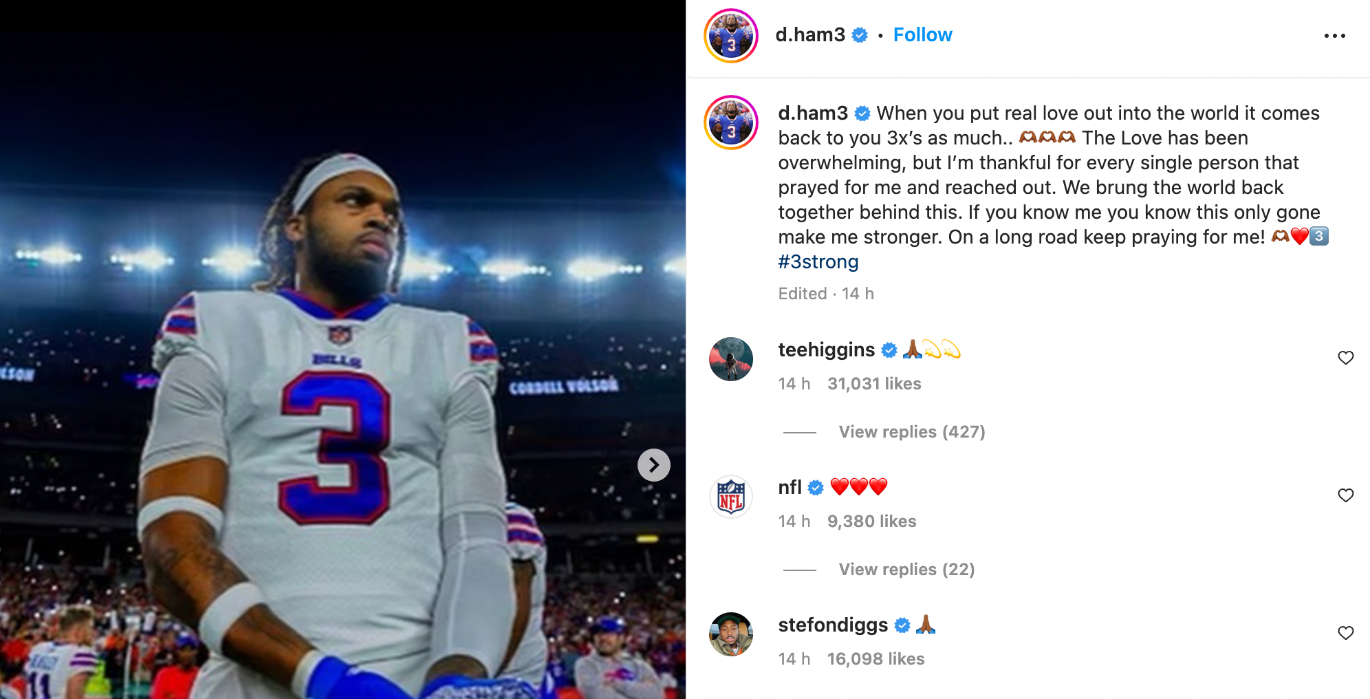 NFL star Damar Hamlin expresses his thanks in first Instagram post