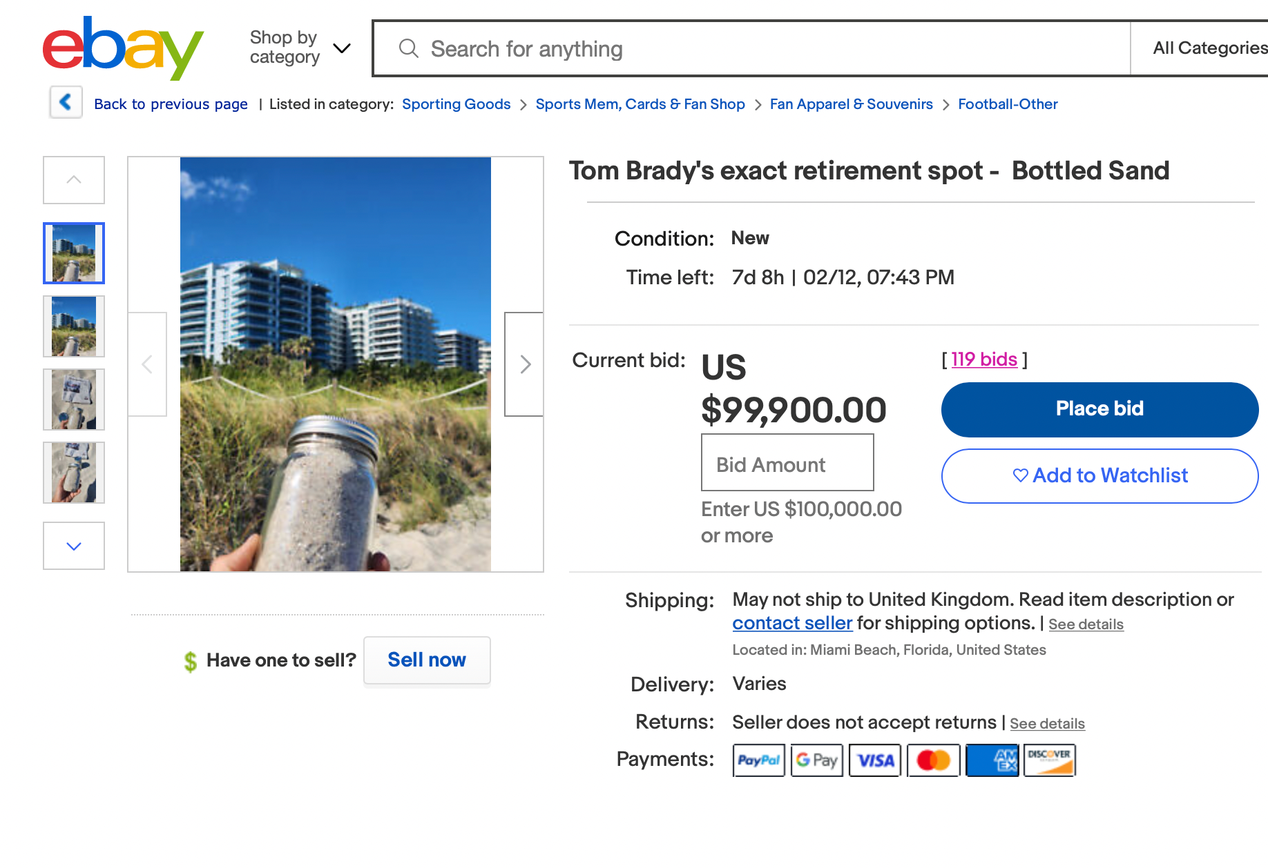 Brady's 'retirement sand' auctioned off for $99,990