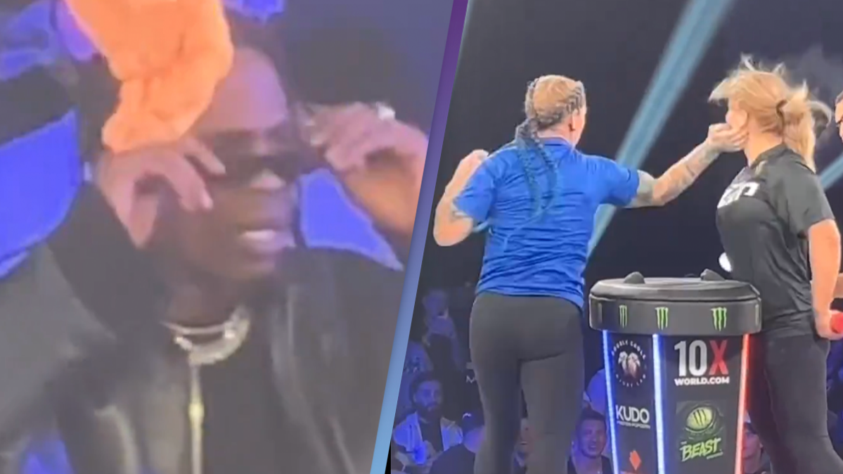 Travis Scott gives hilariously stunned reaction after watching a woman get  knocked out in a slap competition