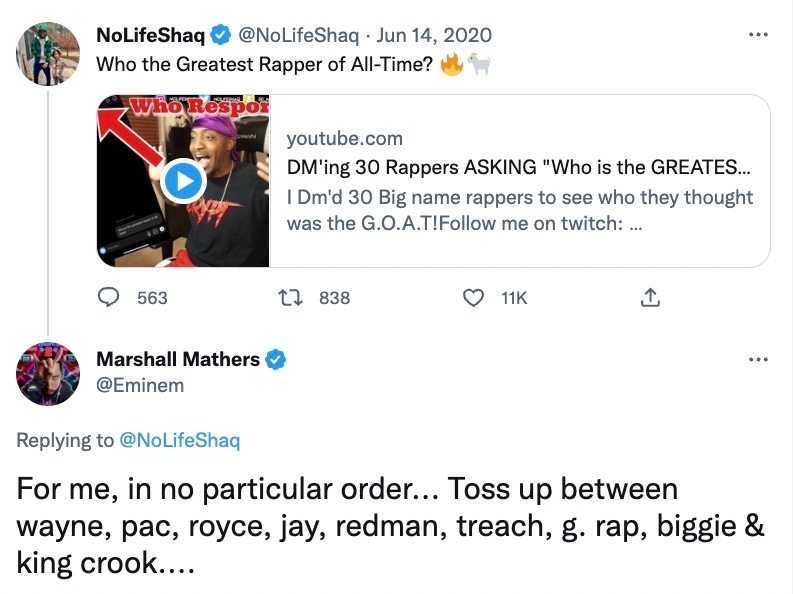 Eminem updated his list of the rappers of all time