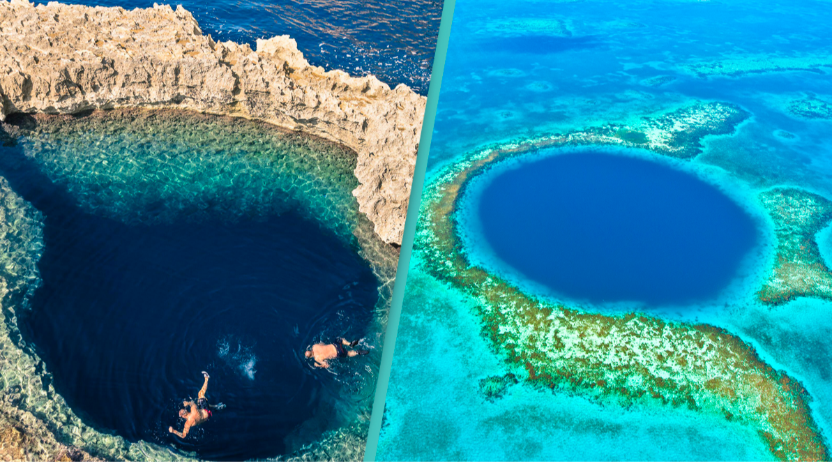 A photo of two people swimming in a large, deep, blue hole with a rocky opening and a photo of a large, deep, blue hole in the ocean with a sandy bottom.
