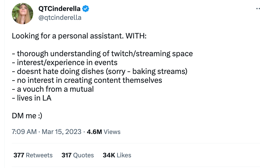 Twitch streamer QT Cinderella defends 'weird' requirement in job advert for  her personal assistant