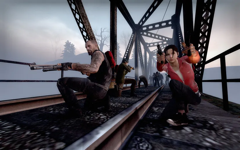 The Left 4 Dead survivors fight zombies on a narrow bridge