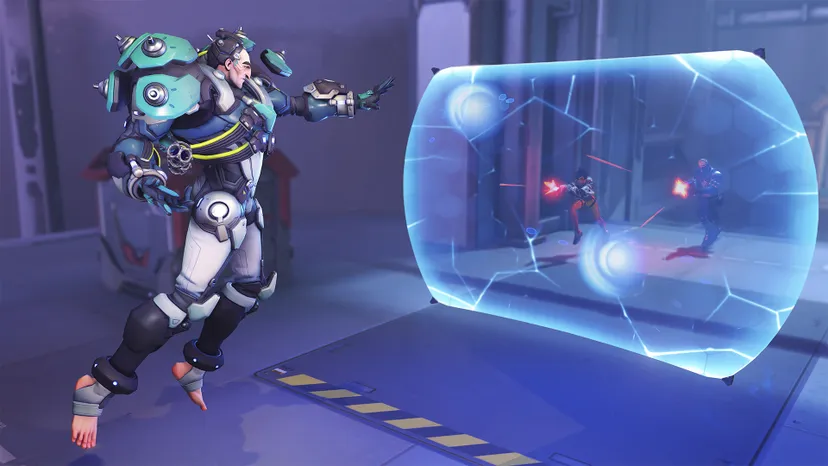 Overwatch character Sigma raises a shield to deflect enemy shots.