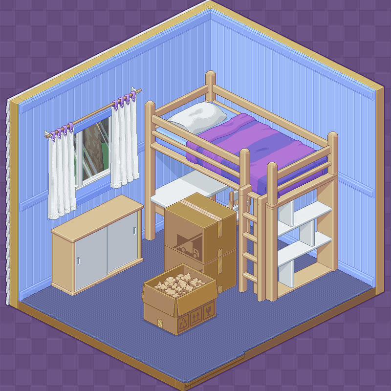 An Unpacking gif, showing objects quickly fly from cardboard packing boxes to spaces on shelves, desks, and a bed throughout a small dorm-sized bedroom.