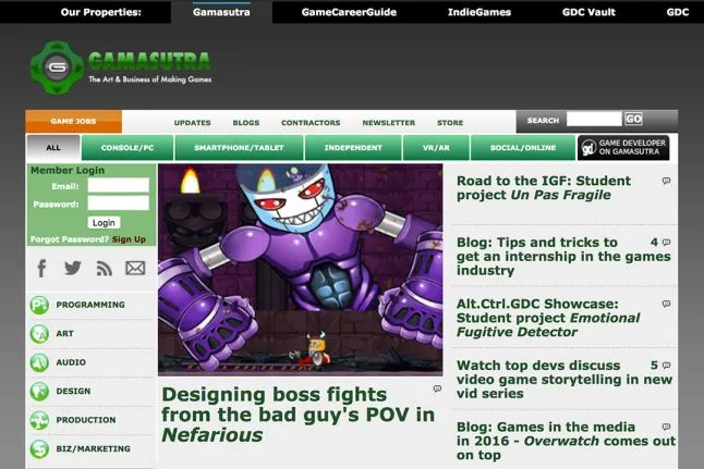 The front page of the Gamasutra website
