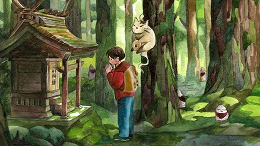 Key art for Cheesemaster Games' Spirittea of the human player character praying at an altar.
