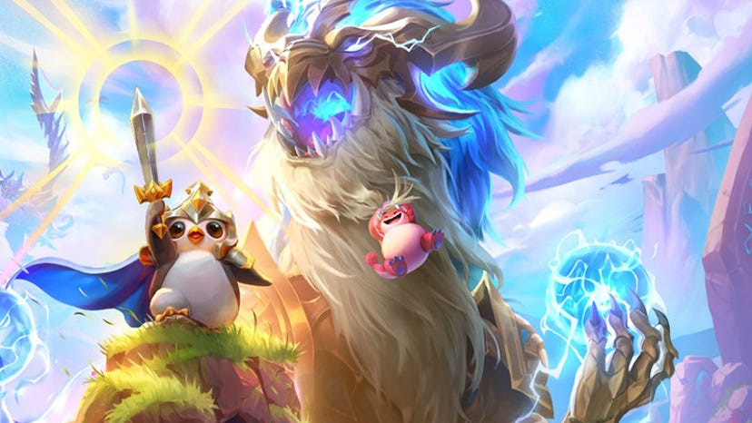 Key art of Teamfight Tactics. The art shows a sword-wielding Pengu and a glowing dragon carrying an orb.