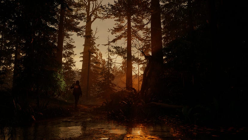 A screenshot from Alan Wake II showing an FBI agent entering a dark forest