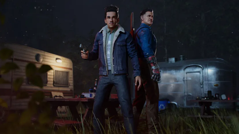 A promotional screenshot for Evil Dead: The Game, featuring Ash and another character.