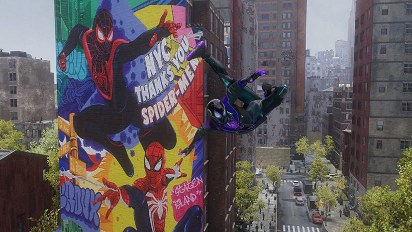 Miles Morales swoops in front of a mural showing two Spider-Men in Marvel's Spider-Man 2.