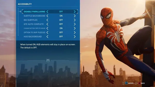 Spider-man facing a menu with a wide range of accessibility options in it
