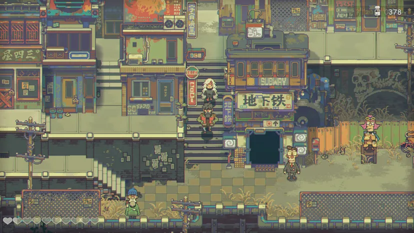 An Eastward screenshot of multiple people walking through a multi-level city. Humble storefronts are scattered across each level and stairs connect different levels.