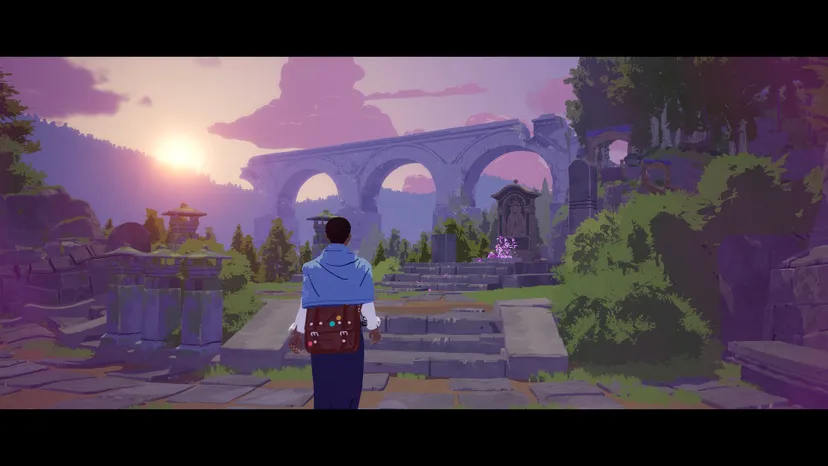 The protagonist of Season looks at a crumbling stone bridge that's bathed in the purple glow of the evening