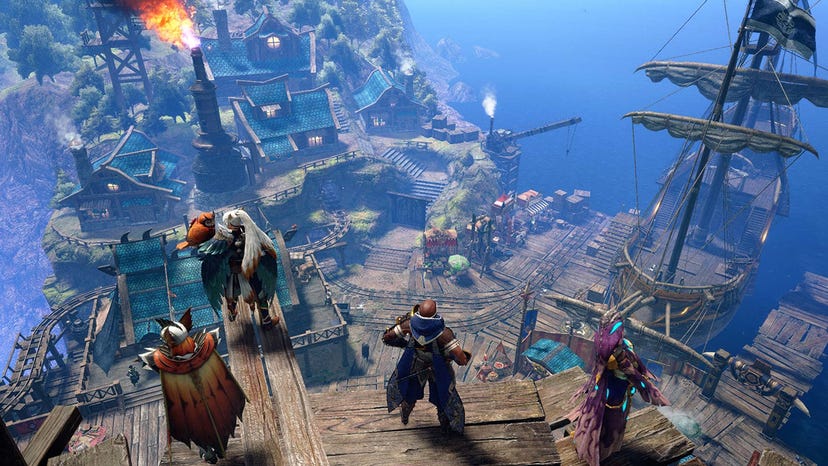 A screenshot from Sunbreak showing four hunters surveying a town