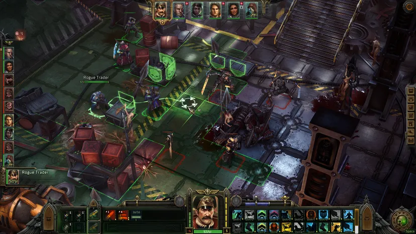Screenshot from Warhammer 40,000: Rogue Trader.  The player character engages in combat in a turn-based tactical grid.