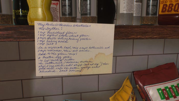 A recipe for Aunt May's famous wheatcakes, written in cursive. 