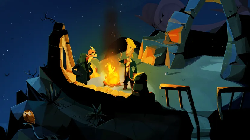 A screenshot from Return to Monkey Island. Guybrush talks to an old man by a campfire.
