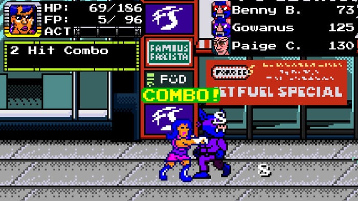 A screenshot from Treachery in Beatdown City. Pixelated characters do battle.