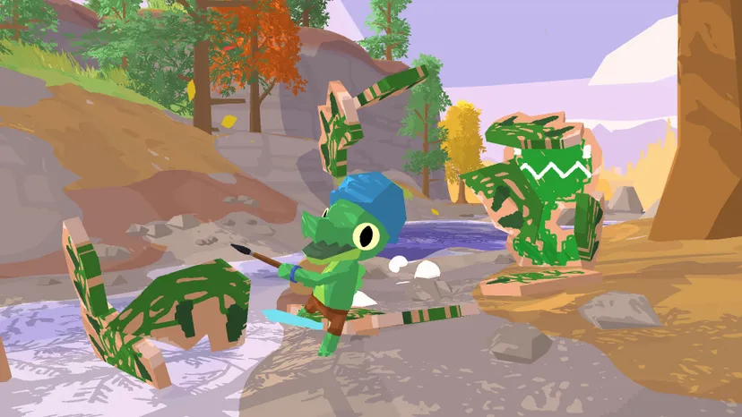 Lil Gator swinging a sword at a pretend wooden enemy