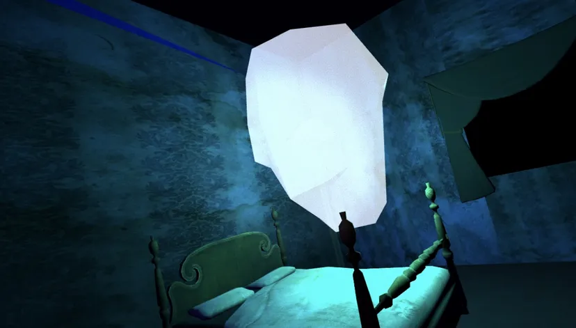 a bright light hovering over a bed