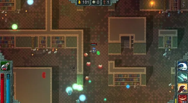 Heroes of Hammerwatch; a Paladin fights glowing wisps and ghastly eyeballs in a maze-like library