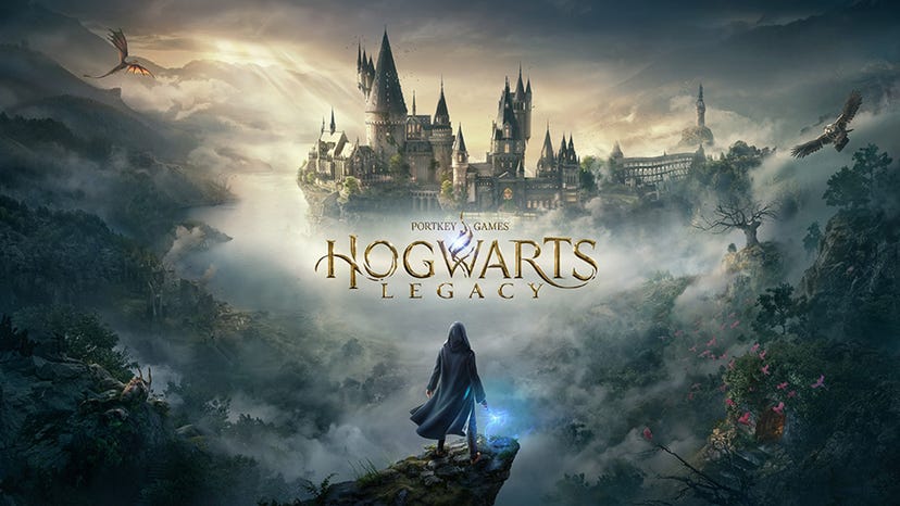Key artwork for Hogwarts Legacy featuring a wizard looking towards Hogwarts castle