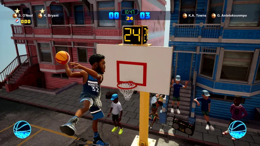 A screenshot from NBA2K Playgrounds 2. A player goes in for a big dunk.