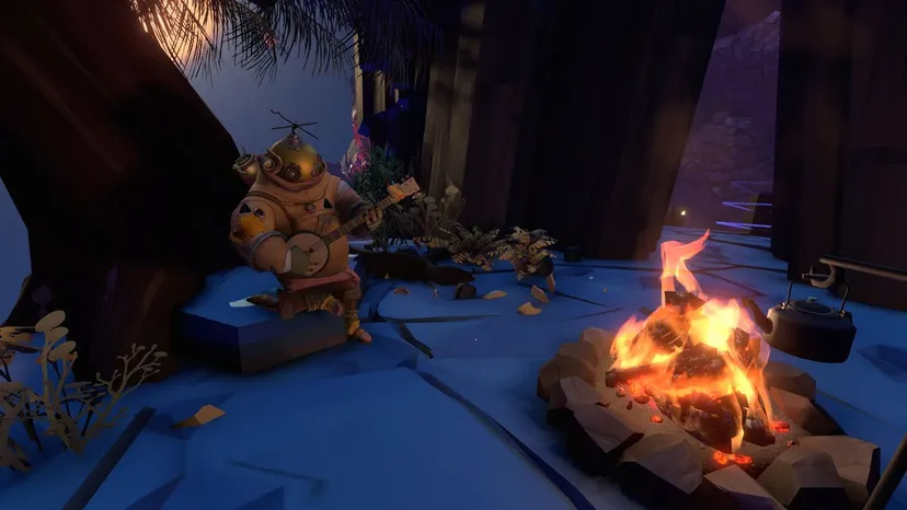 A screenshot from Outer Wilds, showing a character sitting around a campfire playing the banjo