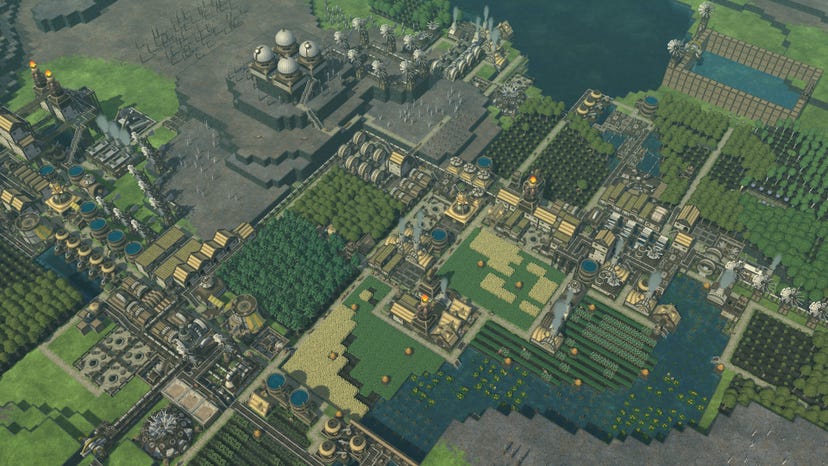 A bird's eye view of a huge settlement with many buildings and structures