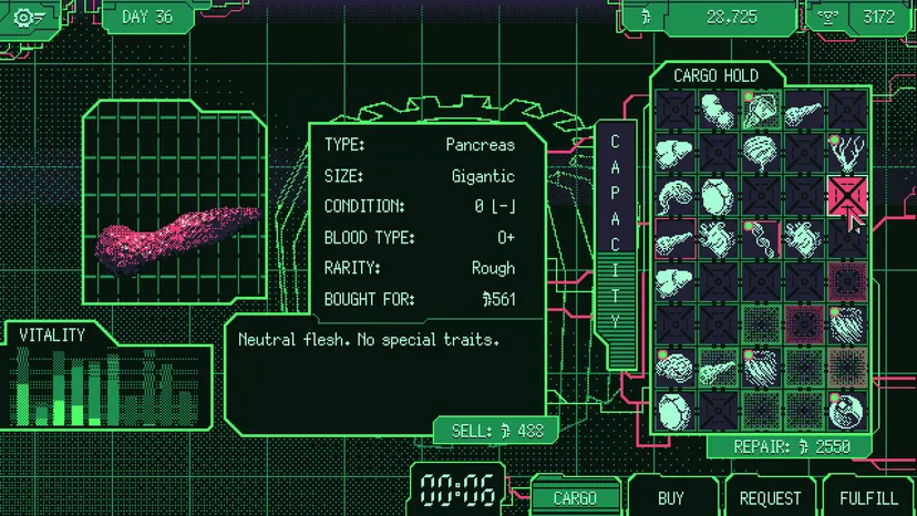 A Space Warlord Organ Trading Simulator screenshot shows the size, rarity, and prices for a pancreas.
