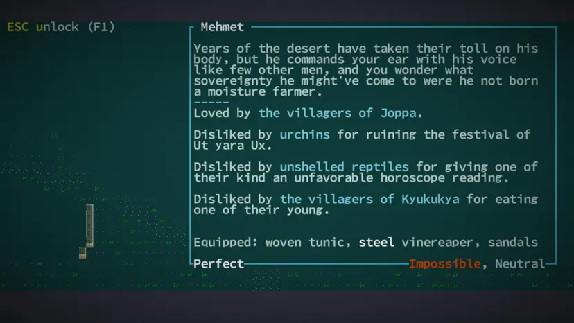 A text explaination of a player's history with groups within caves of Qud. They are disliked by urchins, for example, for ruining a festival.