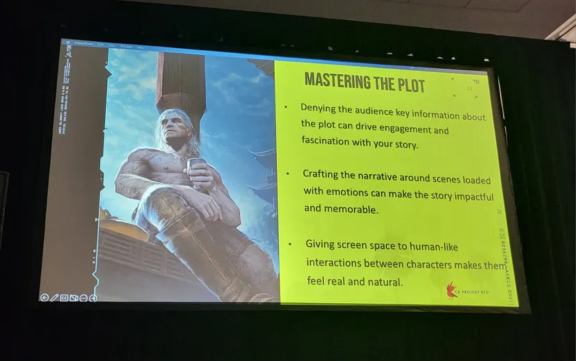 A slide from GDC 2023 entitled Mastering the Plot.