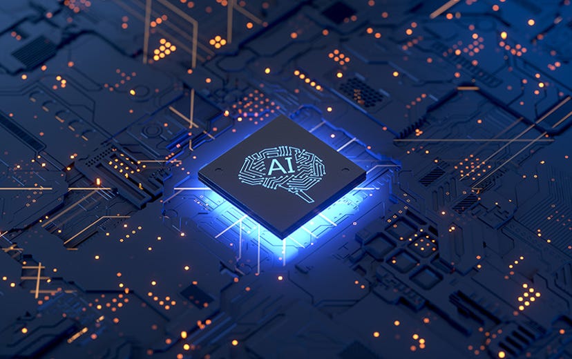 A stock 3D image render of a microchip with the words "AI" on it.