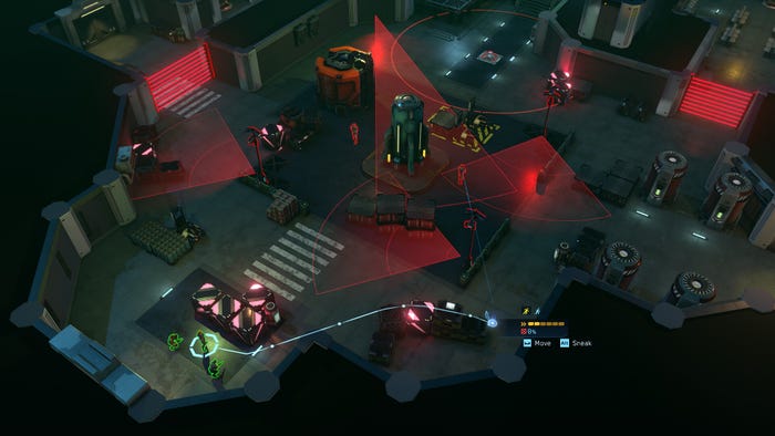 A screenshot of a level from Cyber Knights: Flashpoint. The player navigates their characters through an industrial space filled with guards, cameras, and laser gates.