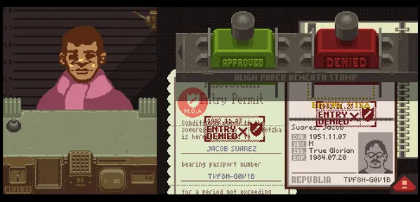 A screenshot from Papers Please showing the interface as the