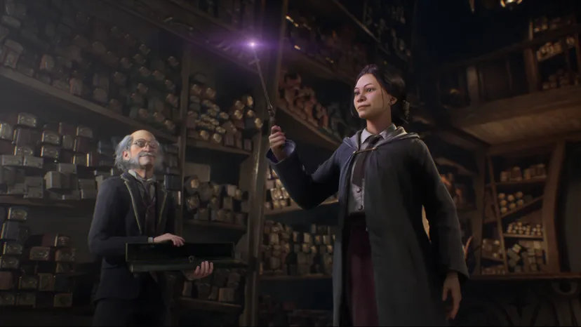 A screenshot from Hogwarts Legacy. The player character receives their first wand.