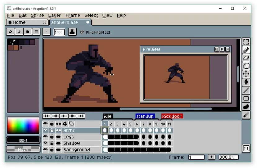 Aseprite interface, showing a pixel ninja and animation window