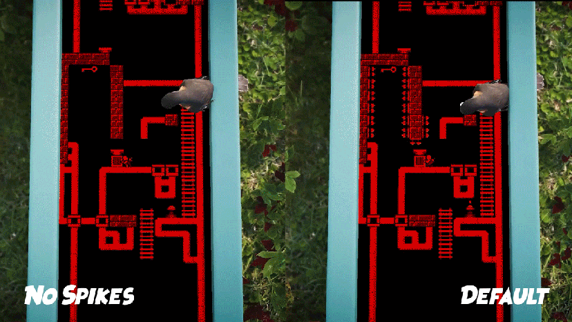 An animated GIF showing the difference between the game's default play settings vs. No Spike Mode.