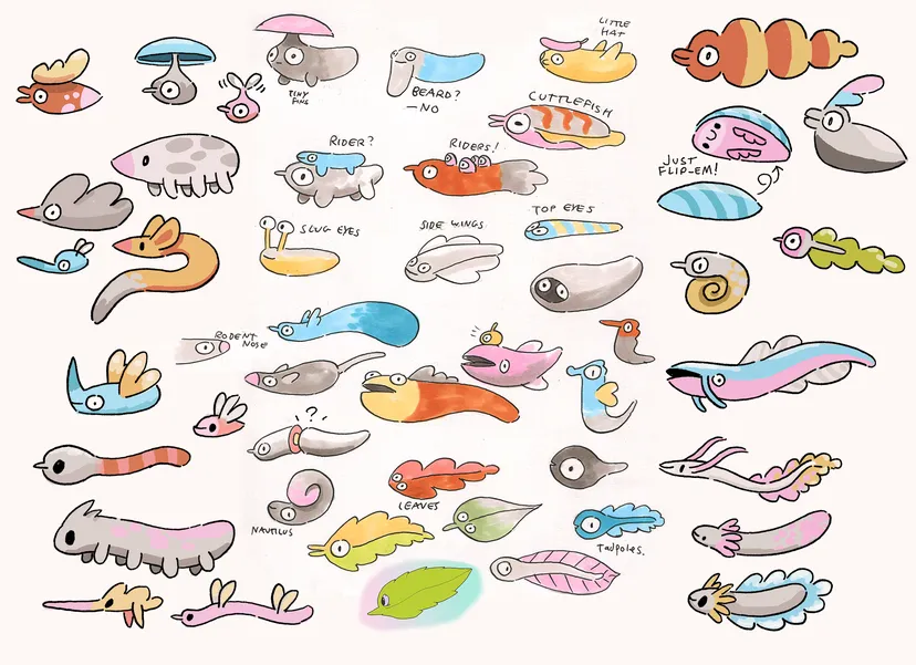 A concept sketch that provides an early look at some of Flock's creatures