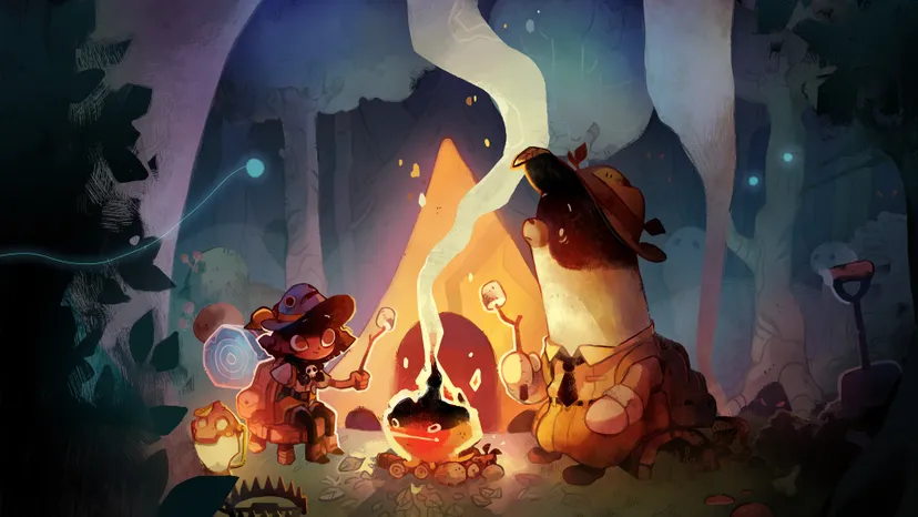 Cozy Grove keyart. A human and an animal, both in scout-like clothing, roast marshmallows around a smiling fire.