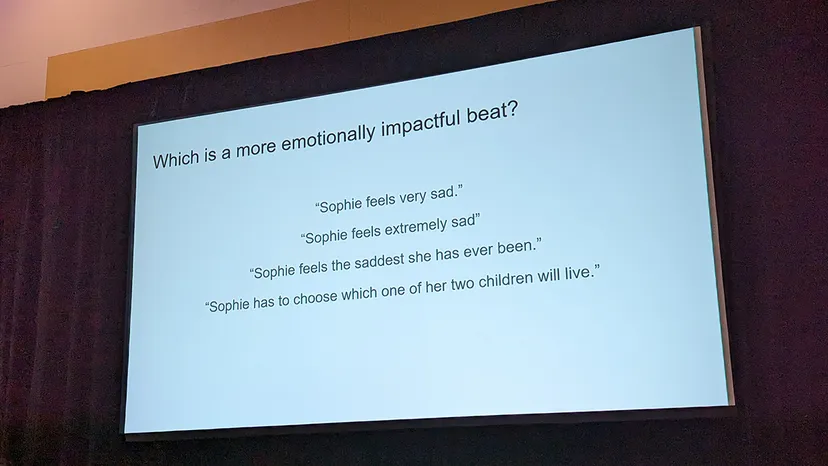 A screenshot from Hutchinson's talk showing why it's better to describe actions rather than emotional states