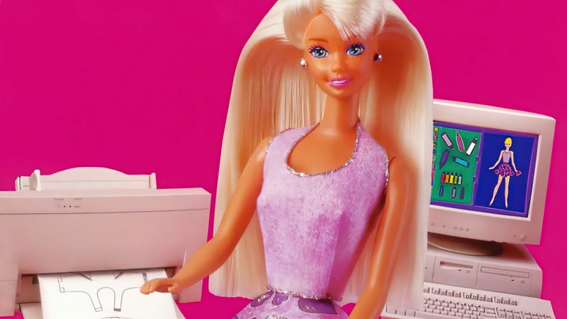 Cover art for Mattel's Barbie Fashion Designer, featuring a Barbie figure at a computer and fax machine.