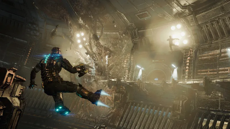 A screenshot from the Dead Space remake. Player character Isaac floats in zero-G, looking at a lot of fleshy horror stuff on the wall.