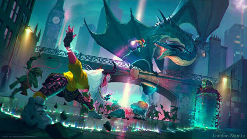 Key art for PlayStation London's next game. A fantasy dragon battles wizard people on a London bridge.