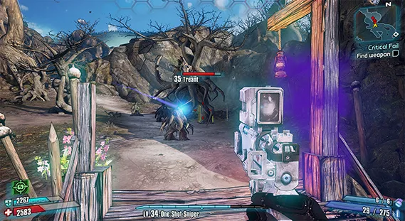 Borderlands 2; a silver handgun with large scope pointed at a treant enemy in a magical forest
