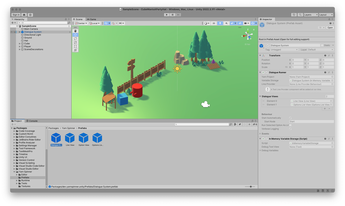 the scene view with yarn spinner prefabs